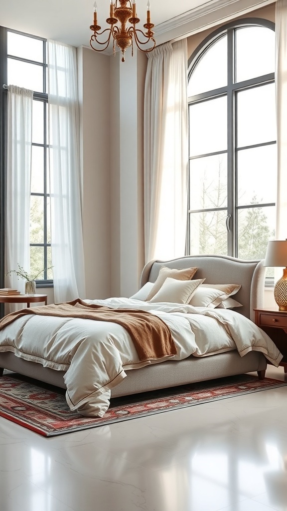 A luxurious bedroom featuring a stylish bed with elegant bedding, large windows, and a chandelier.