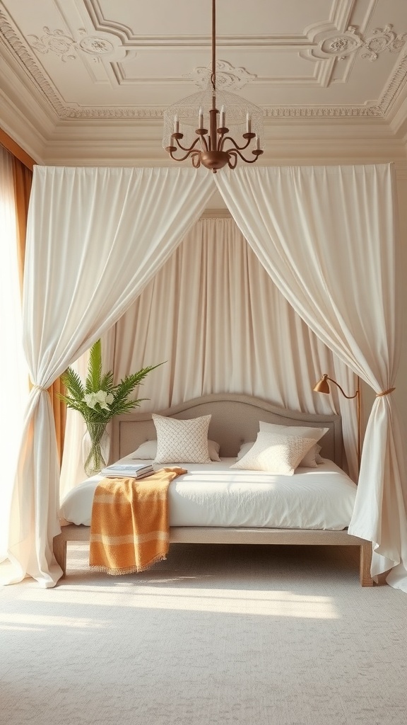 A luxurious canopy bed with soft drapes and warm lighting, creating a cozy bedroom retreat.