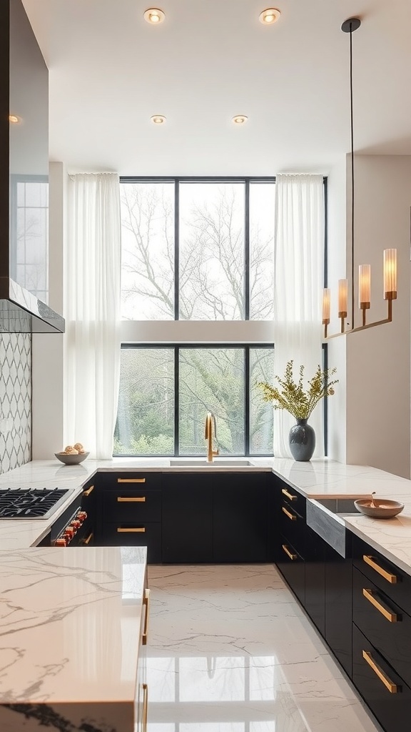 Modern luxury kitchen with marble countertops and dark cabinetry