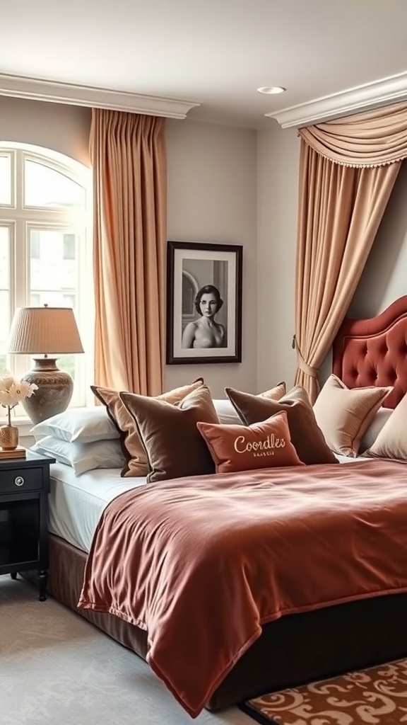 A cozy bedroom featuring warm-toned bedding, elegant drapery, and decorative pillows.