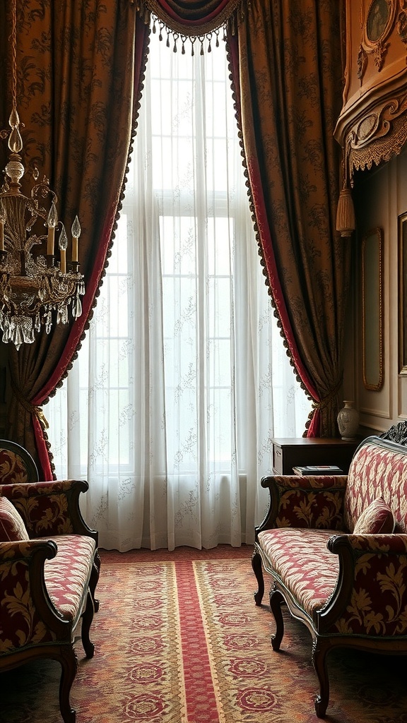 Luxurious Rococo-style room with rich fabrics and elegant curtains