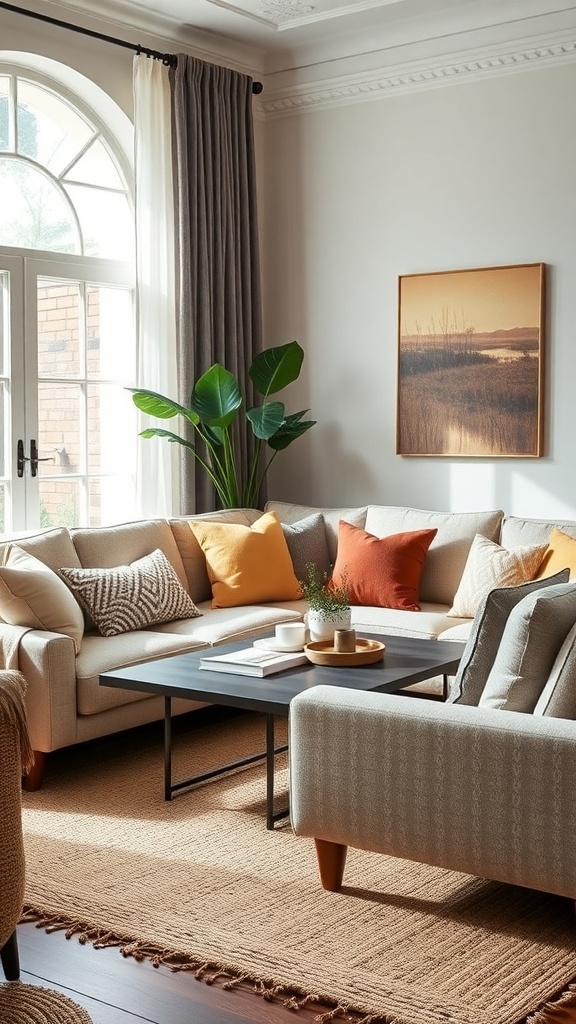 A cozy living room featuring a plush sectional sofa with colorful cushions, a woven rug, and a large window with natural light.