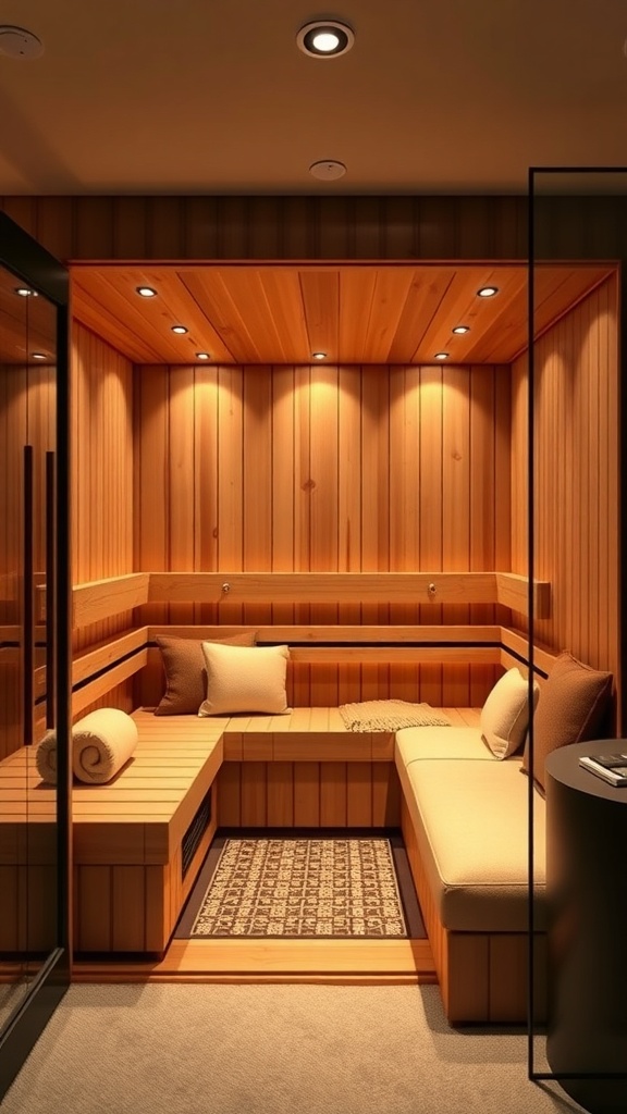 A cozy infrared sauna with wooden panels, comfortable seating, and soft lighting.