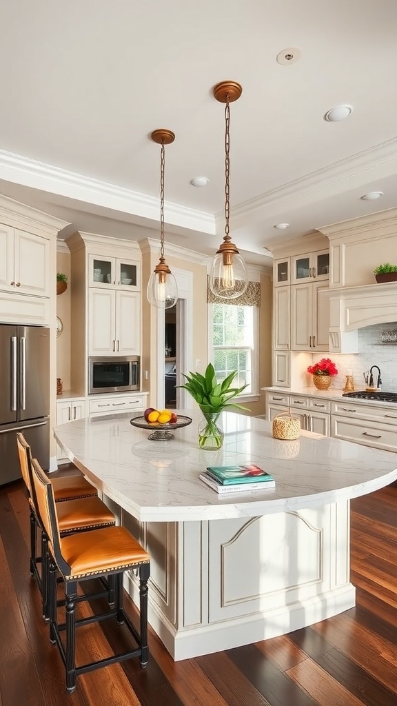 Luxurious kitchen with a large island and ample seating, featuring a marble countertop and stylish lighting.