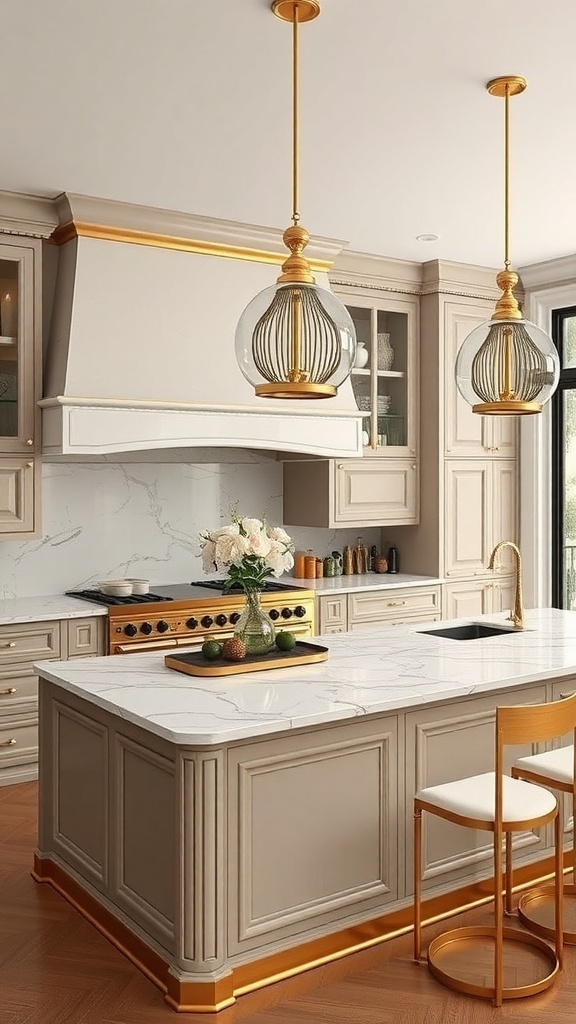 Luxurious kitchen island with gold accents and fixtures