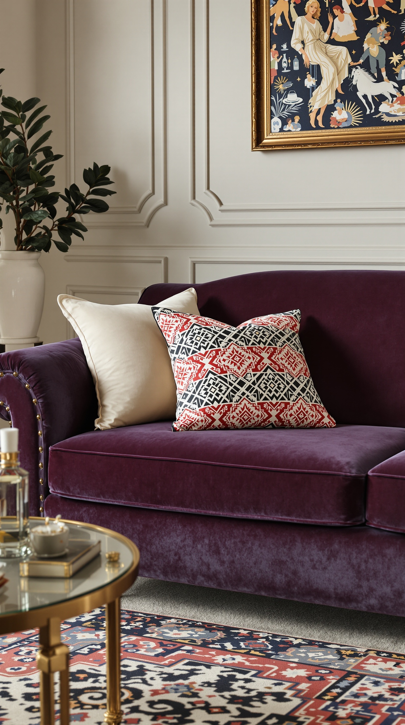 Luxuriöses Wohnzimmer mit türkisfarbenem Sofa und großem Stadtblick