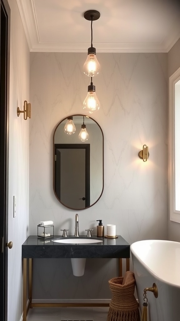 Modern bathroom with stylish lighting fixtures including a pendant light and wall sconces.