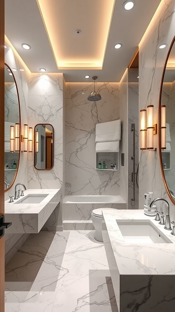A modern bathroom featuring luxurious marble accents on the walls and countertop, with sleek fixtures and warm lighting.
