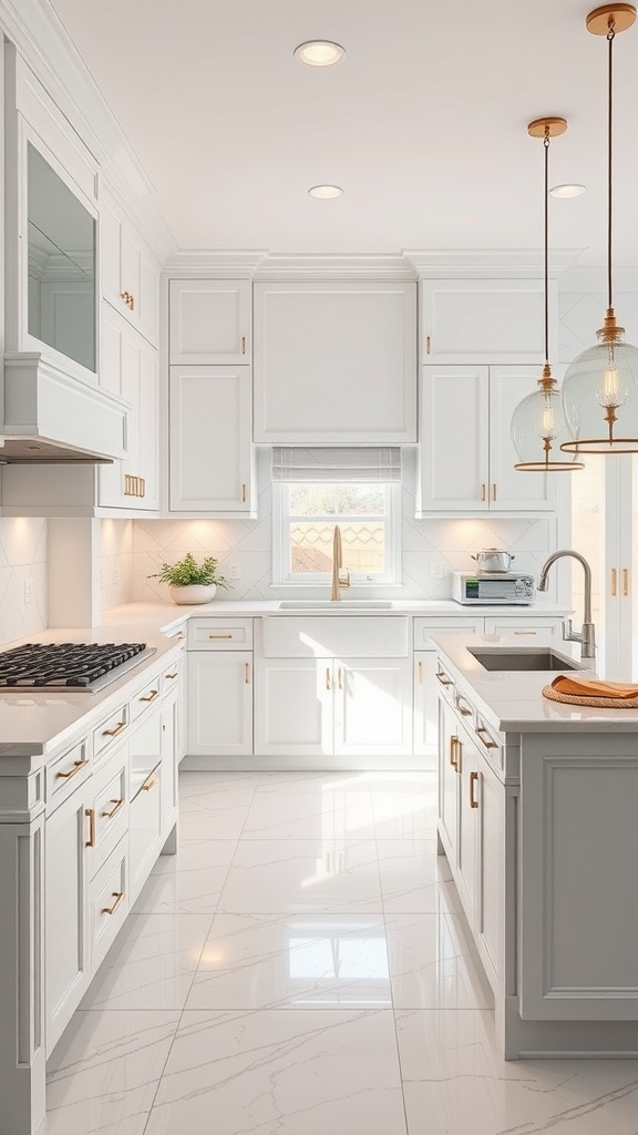 A bright white kitchen featuring luxurious marble countertops, gold accents, and modern lighting.