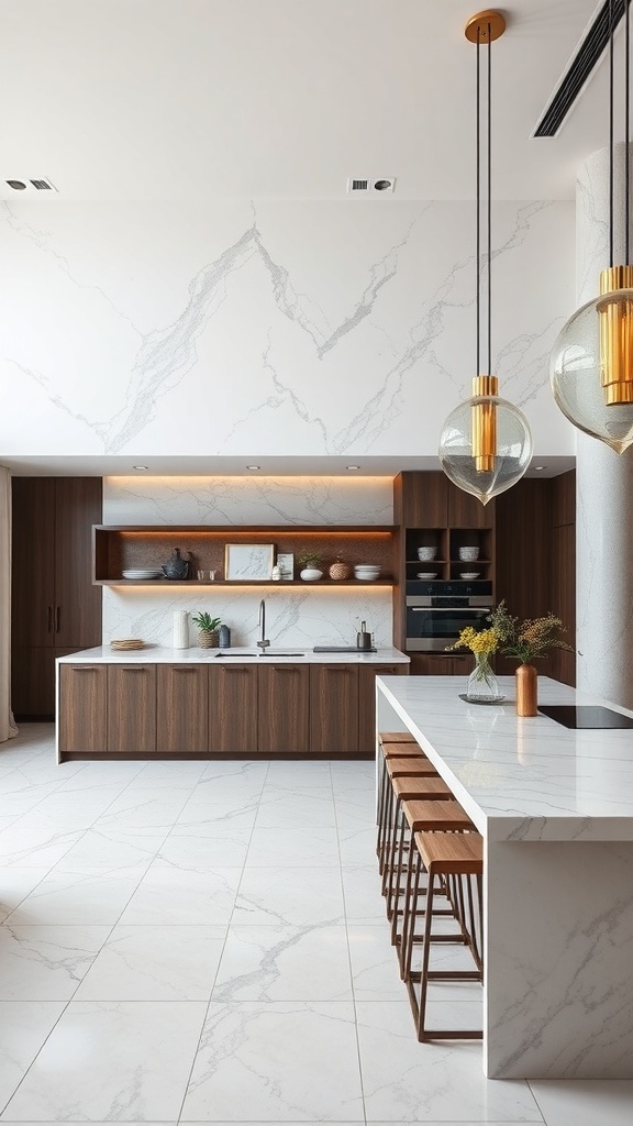 Modern kitchen featuring luxurious marble countertops and backsplashes with wooden cabinetry and stylish pendant lights.