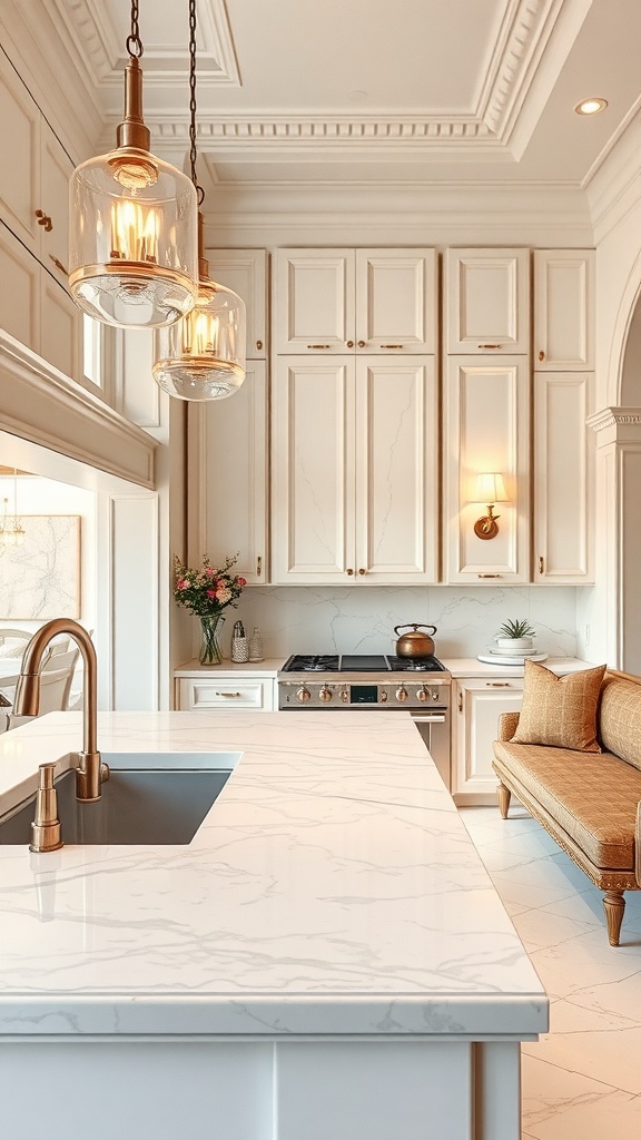 A modern kitchen featuring luxurious marble countertops with elegant lighting and cabinetry.