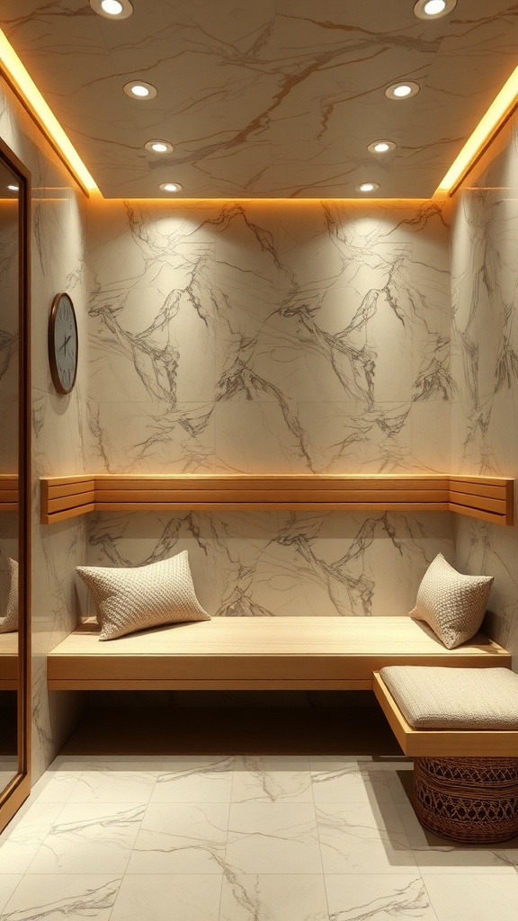 A luxurious sauna featuring marble walls, wooden benches, and warm lighting.