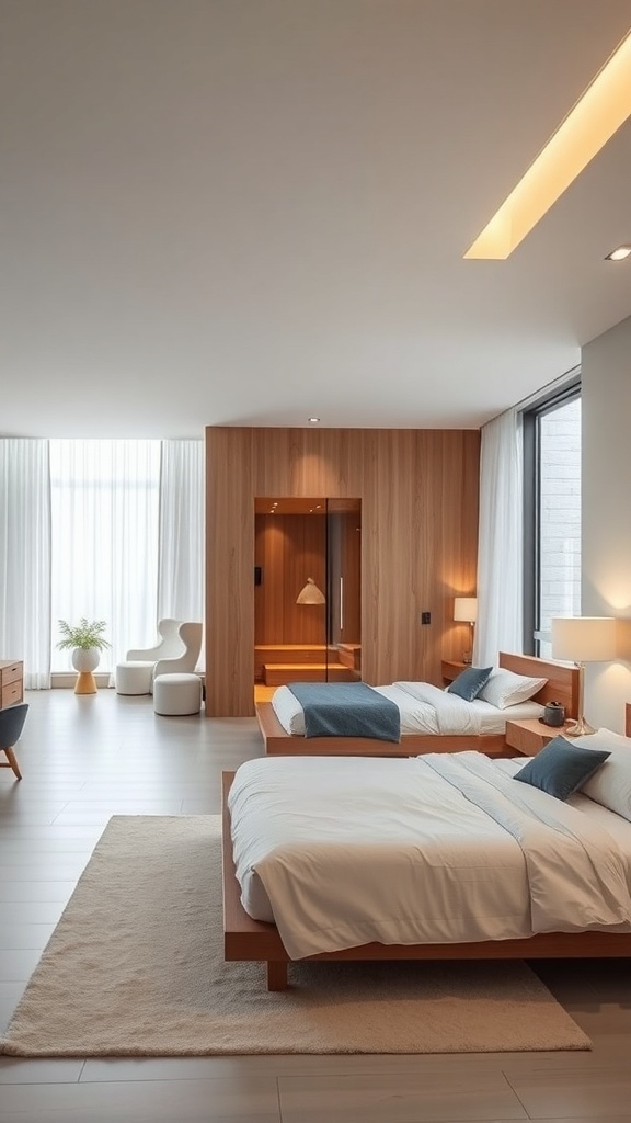 A modern minimalist bedroom featuring two beds, wooden accents, large windows, and a sauna area.