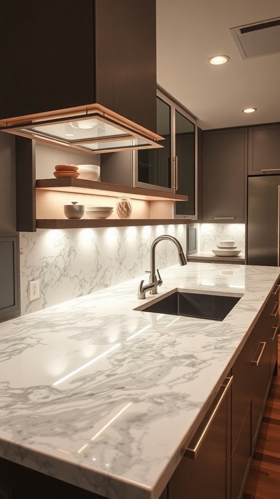 Luxurious kitchen with onyx countertop and large windows
