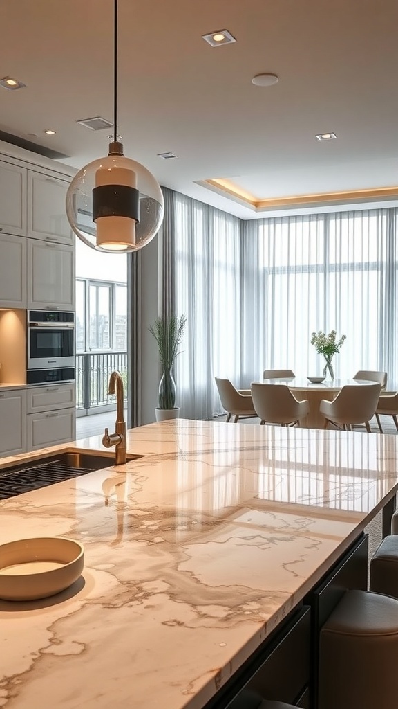 A modern kitchen with an onyx countertop, featuring soft lighting and stylish decor.