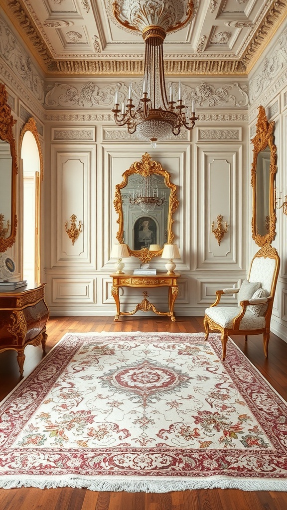A stunning Rococo interior featuring an elegant rug with intricate designs.