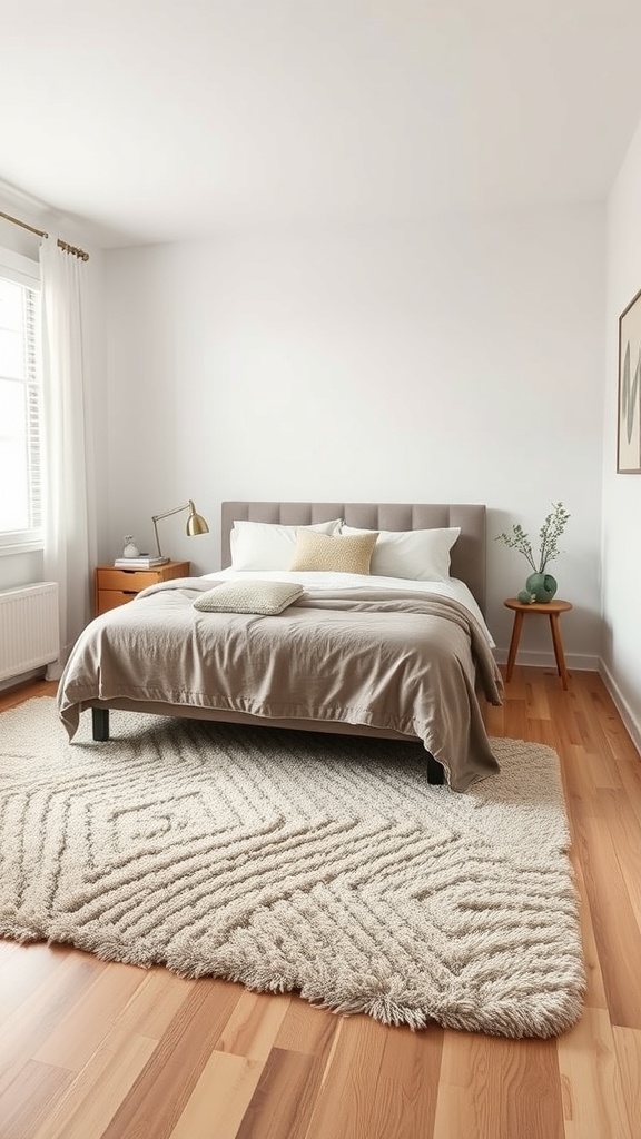 A cozy bedroom featuring a plush rug under a bed, enhancing the stylish decor.