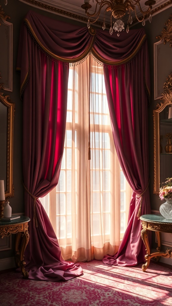 Luxurious silk draperies in a Rococo aesthetic interior, featuring deep pink curtains and sheer fabric, with sunlight filtering through.