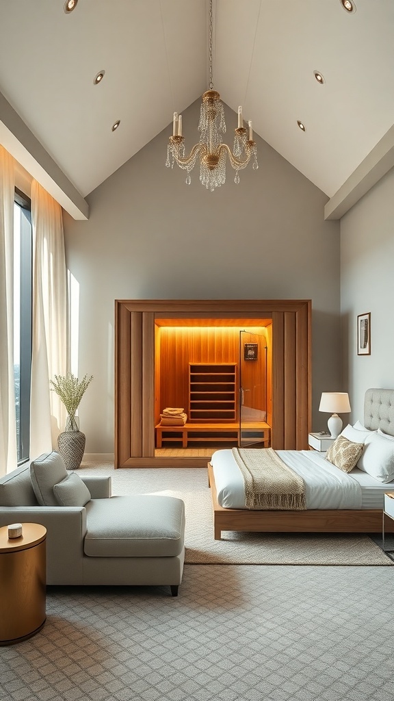 Luxurious spa-inspired bedroom featuring a sauna, plush bed, and elegant decor.