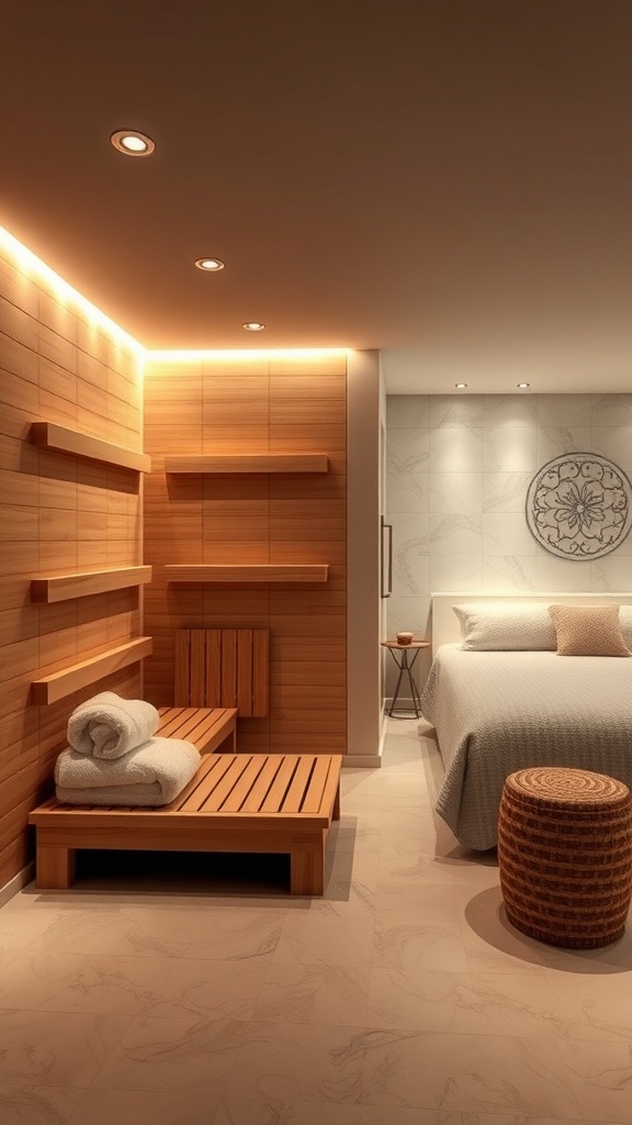 A cozy bedroom featuring a sauna area with wooden benches and soft lighting.