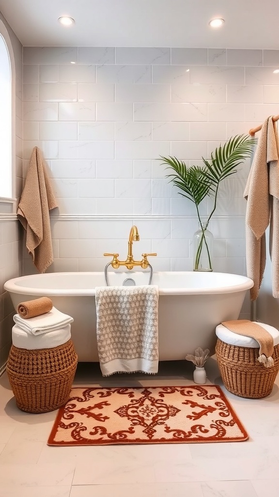 A modern bathroom featuring soft towels, a cozy bath mat, and elegant decor.