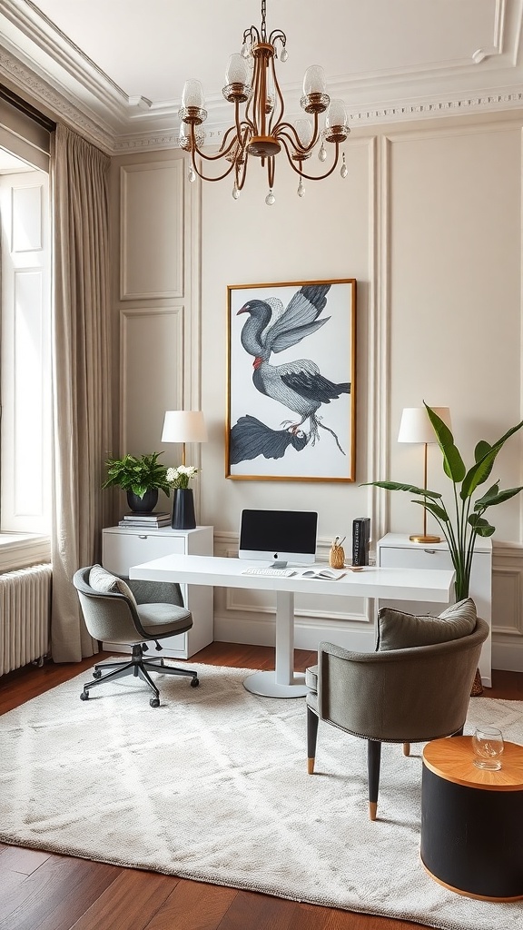 A modern home office featuring a sleek desk, plush chairs, and elegant textiles.