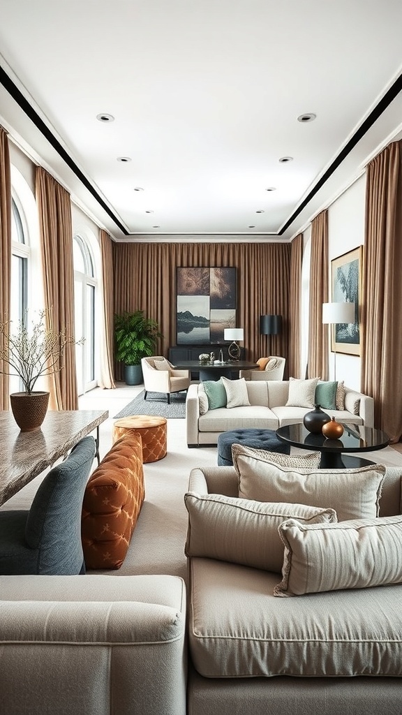 Open concept living and dining room with luxurious textiles and fabrics