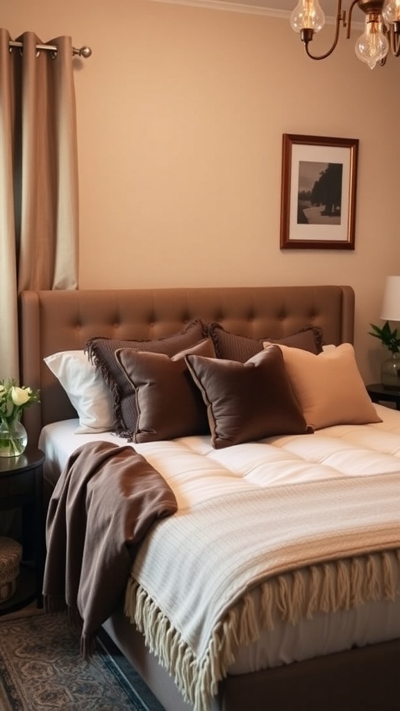 A cozy bedroom featuring a plush headboard, decorative pillows, and soft textiles.