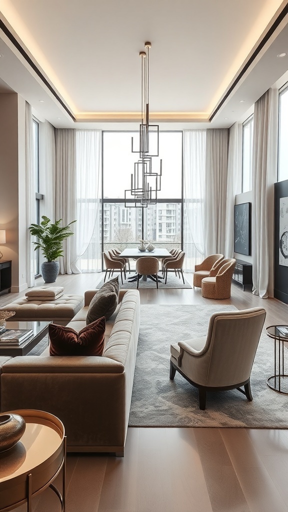 Luxurious open concept living and dining room with plush sofa, elegant curtains, and stylish dining area.