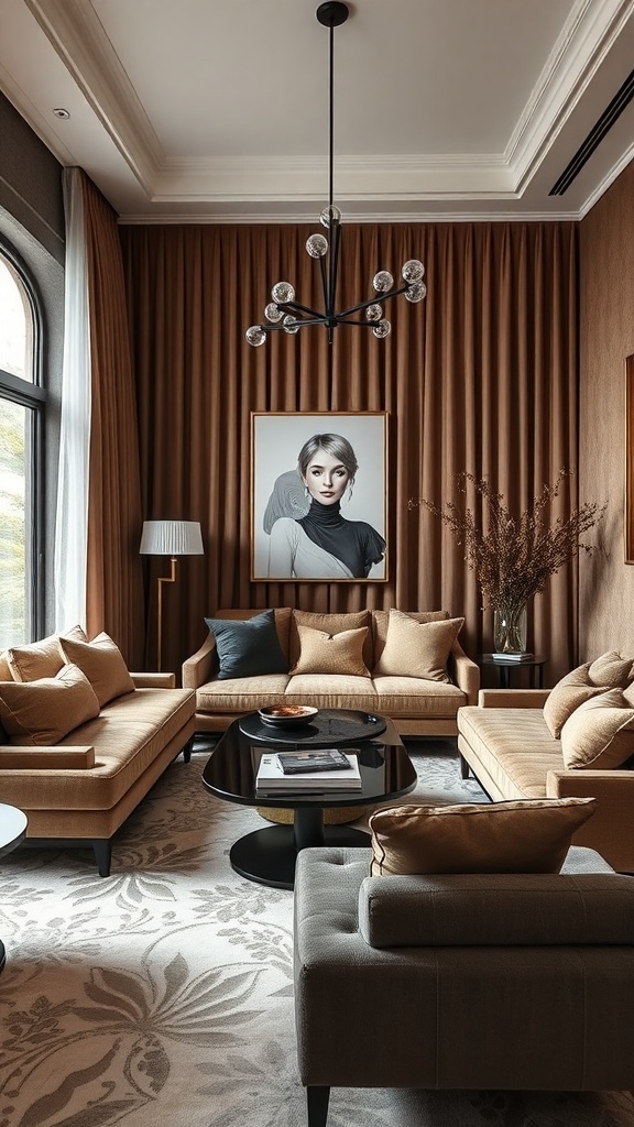 A stylish living room featuring velvet sofas, silk curtains, and modern decor.