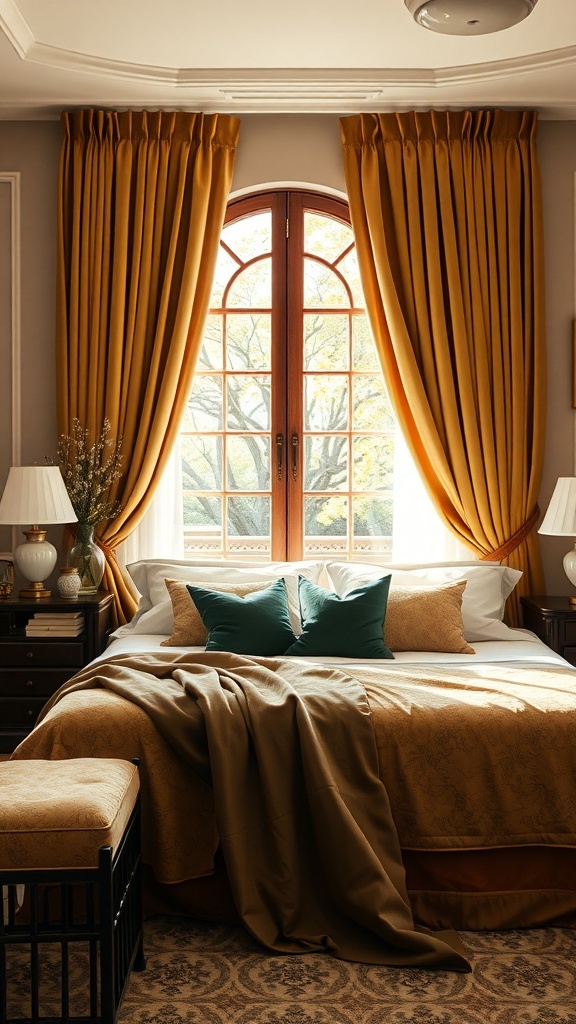 A luxurious bedroom featuring golden velvet curtains, teal pillows, and an elegant bedspread.