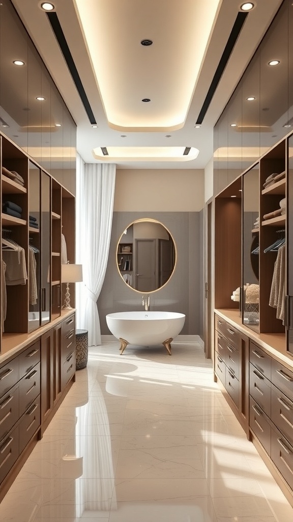 Luxurious walk-through closet leading to a stylish bathroom with hidden storage and a freestanding bathtub.