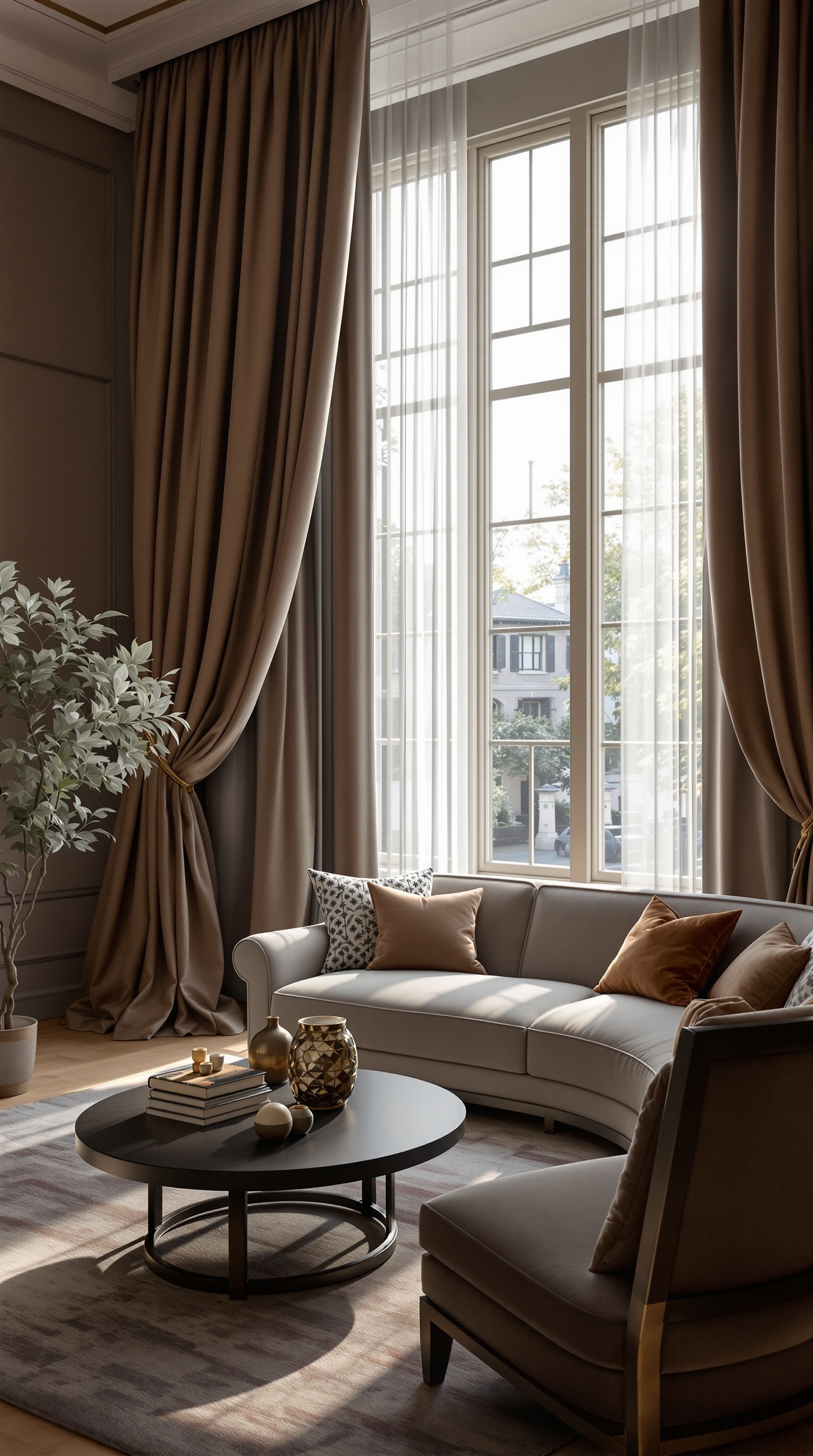 Luxuriöses Wohnzimmer mit eleganten Fensterbehandlungen und sanften Farben