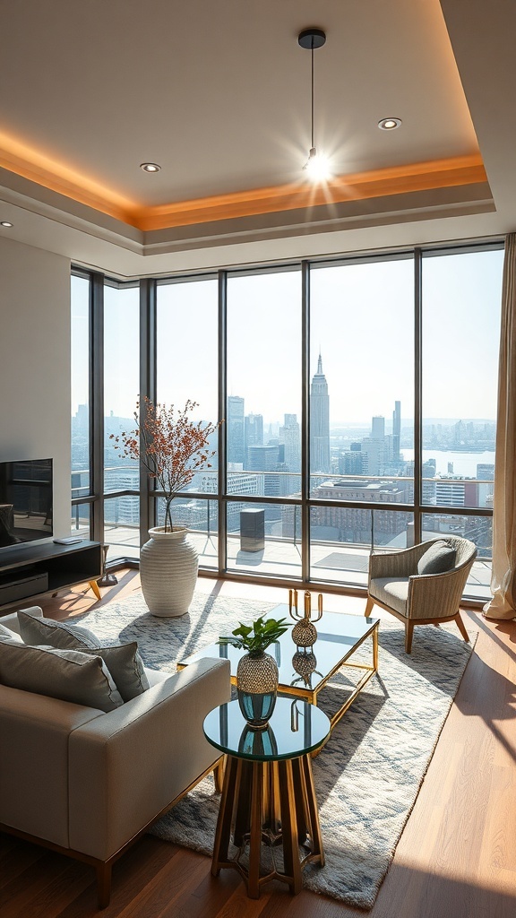 Modernes Wohnzimmer mit Blick auf die Stadt, eleganten Möbeln und stilvollen Accessoires.