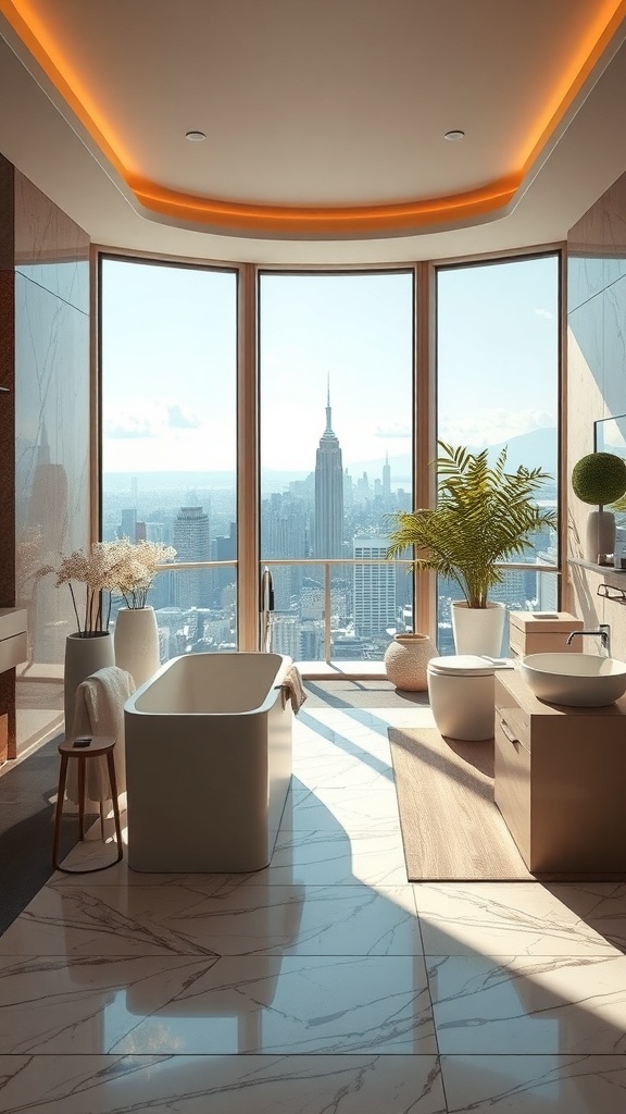 Luxuriöses Badezimmer mit freistehender Badewanne und Blick auf die Skyline