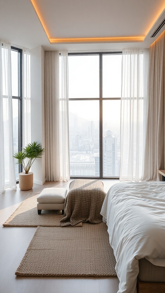 Minimalistisches Schlafzimmer mit großen Fenstern und warmen Lichtakzenten