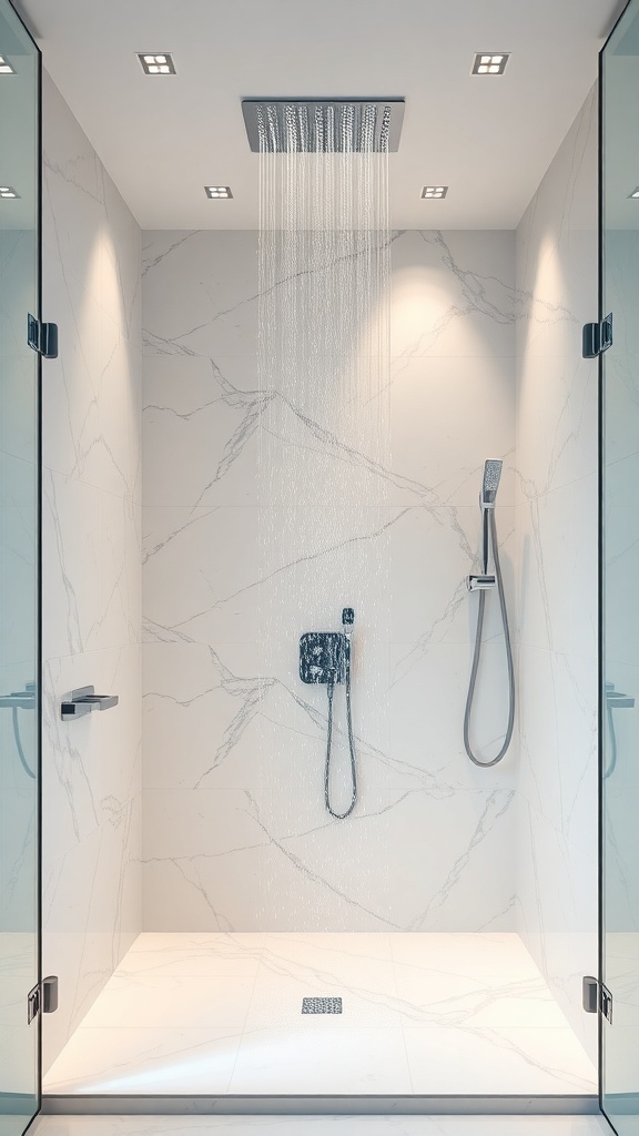 Luxuriöser Duschbereich mit Regendusche und Marmorwänden