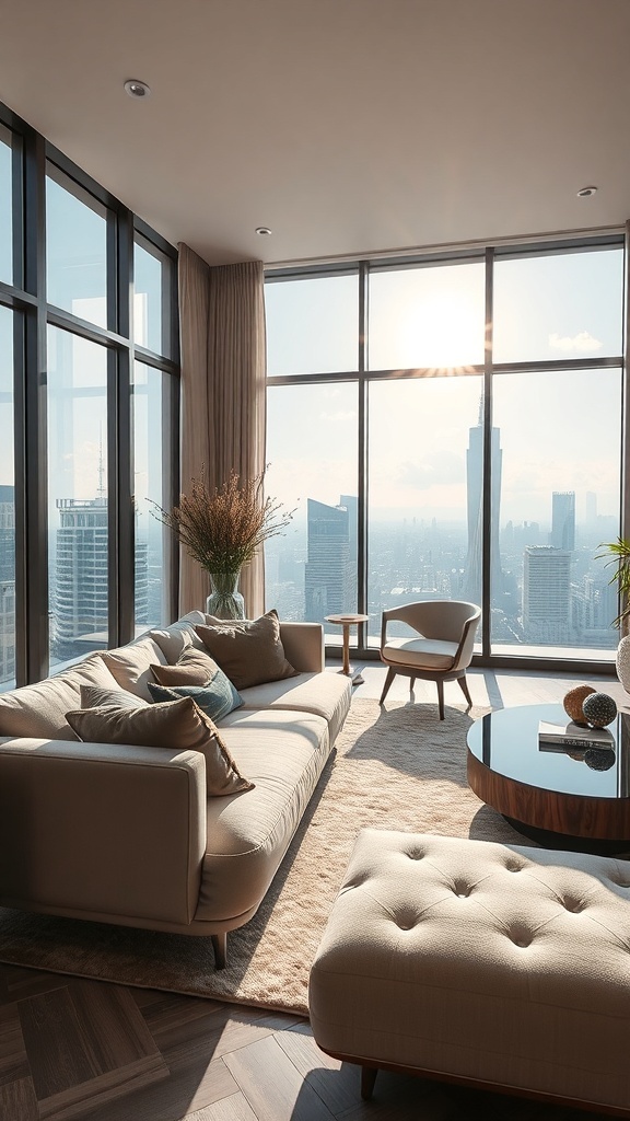 Luxuriöses Sofa in modernem Wohnraum mit großer Fensterfront und Stadtblick