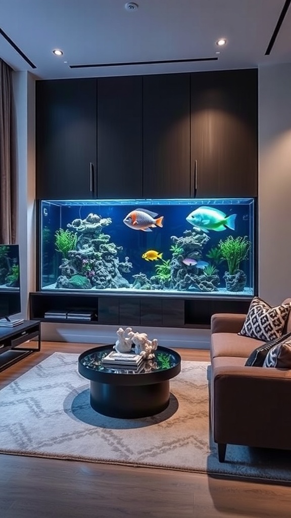 A modern luxury aquarium with custom filtration, featuring colorful fish and aquatic plants, set in a stylish living room.