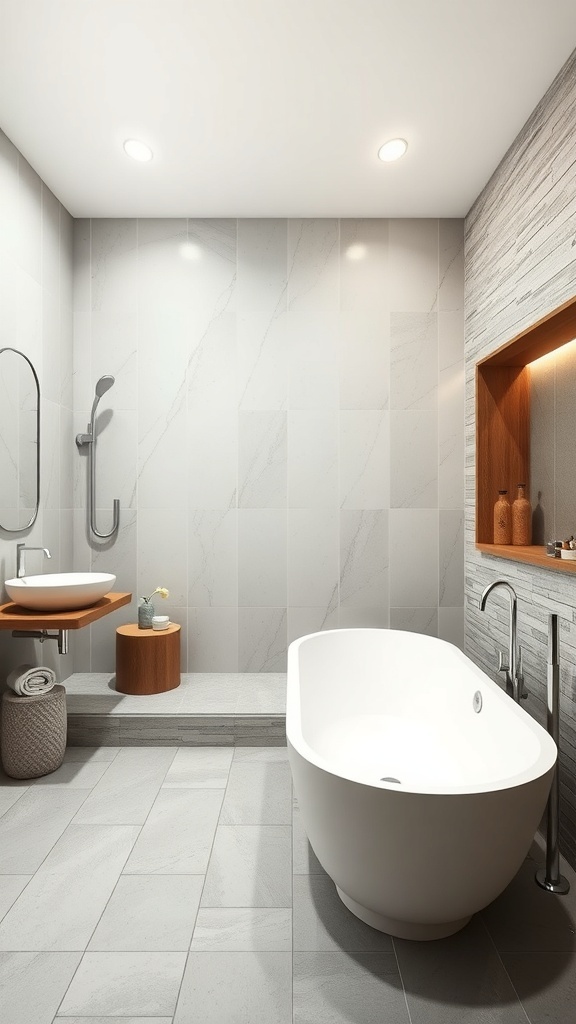 Modernes Badezimmer mit großer Badewanne und Blick auf das Wasser