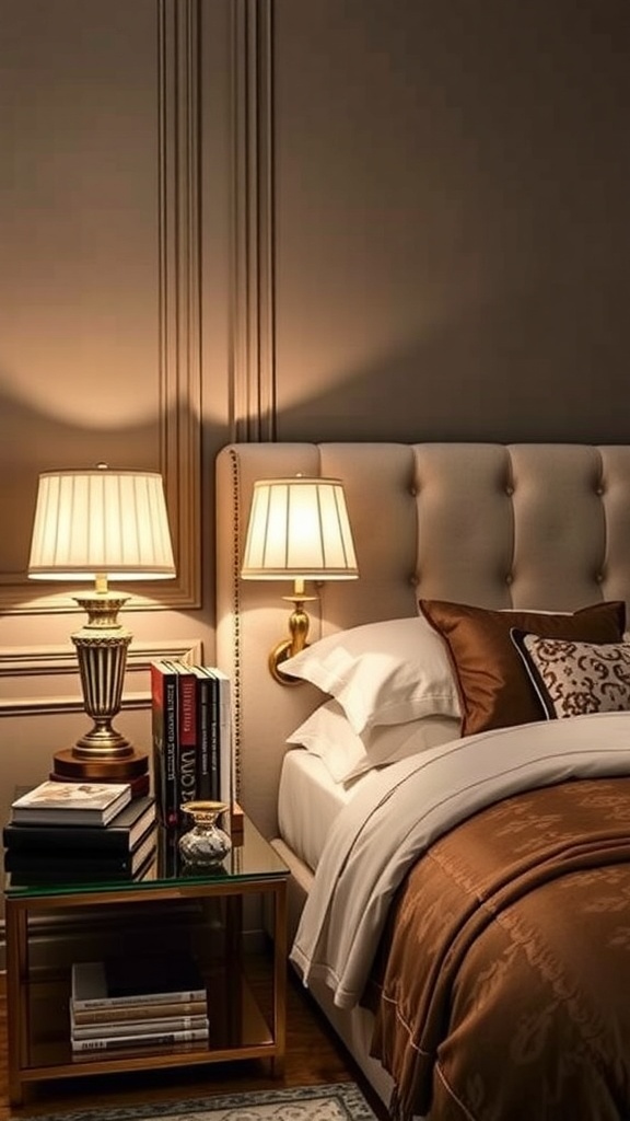 Luxurious bedside table with lamps, books, and decorative accessories