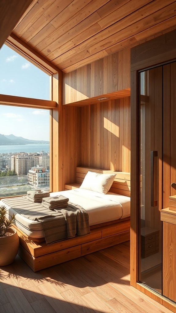 Interior of a luxury cedar wood sauna with large windows and a cozy bed