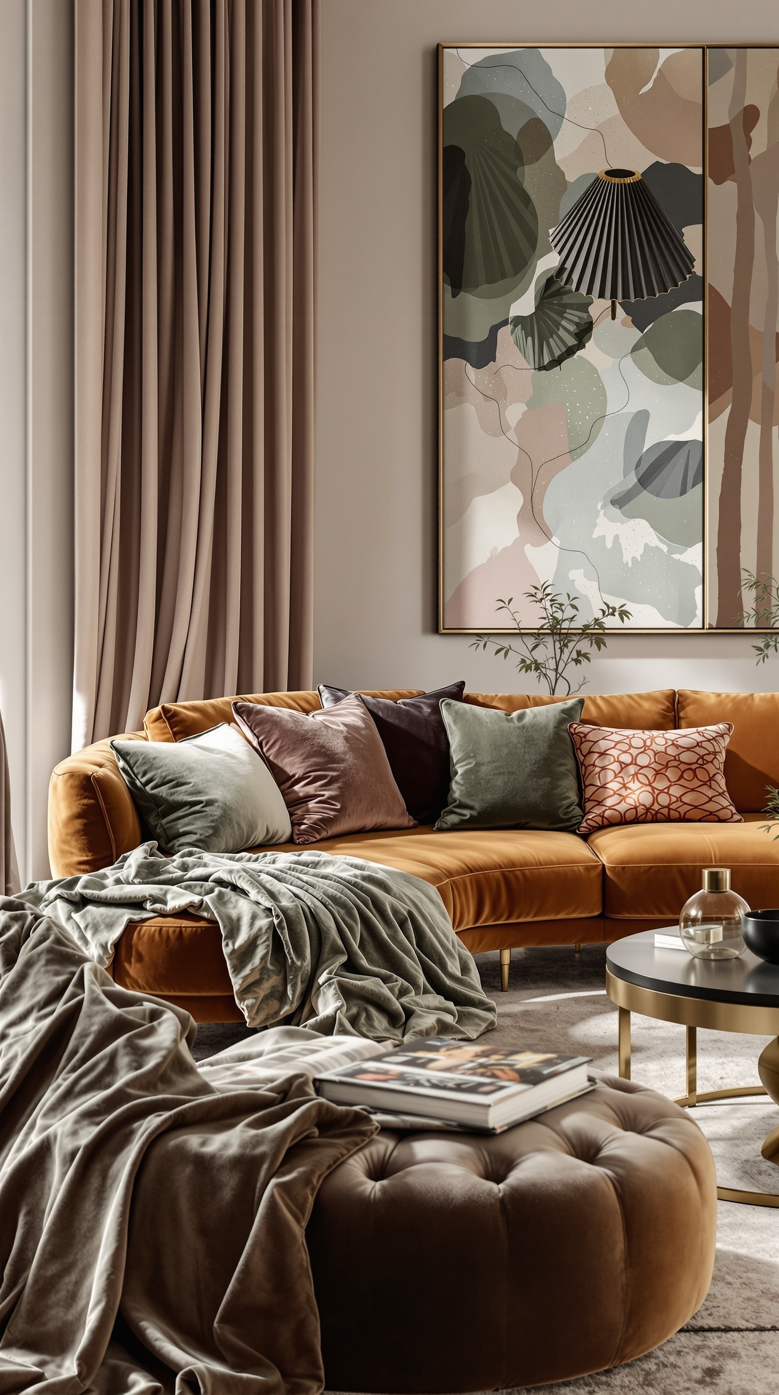 Luxuriöses Wohnzimmer mit neutralen Tönen, großen Fenstern und eleganten Möbeln
