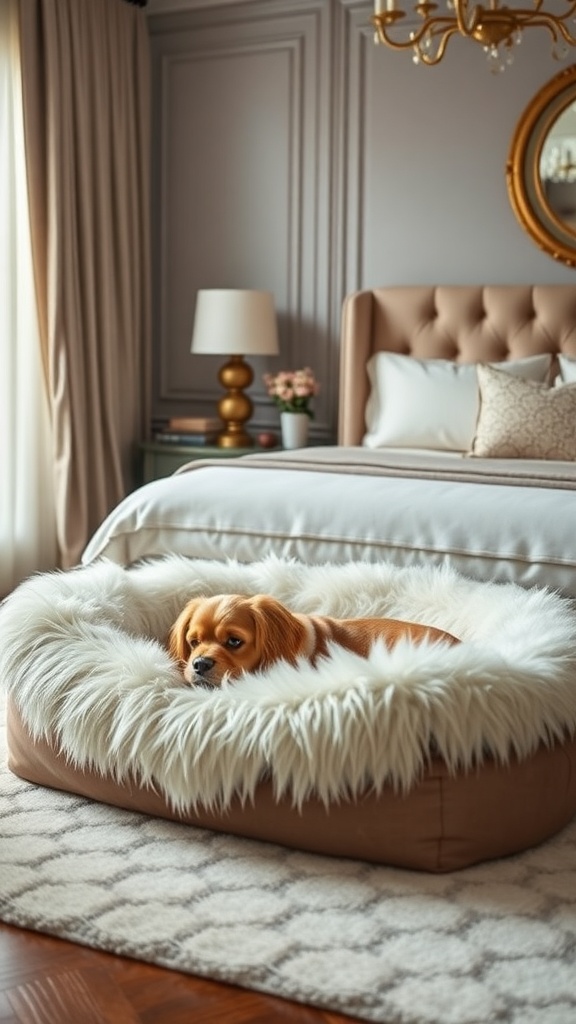 A cozy faux fur dog bed with a dog resting inside, set in a stylish bedroom.