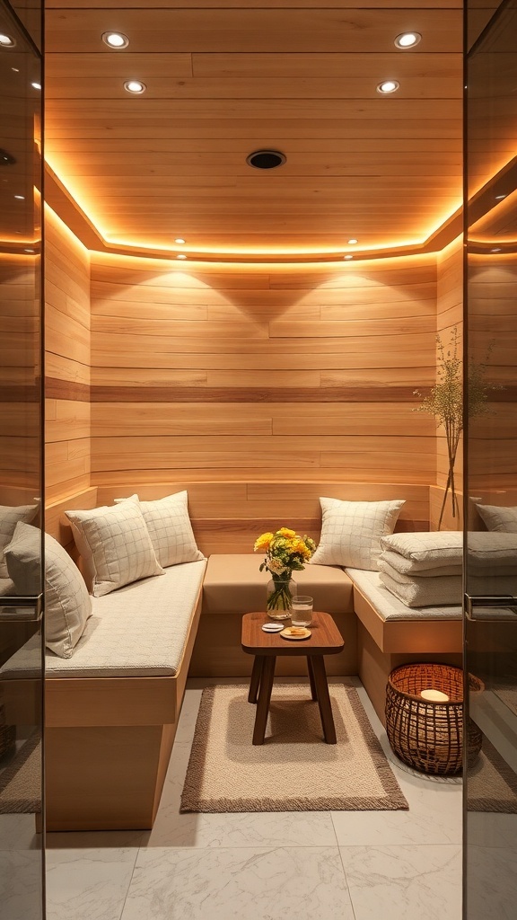 A luxurious home spa sauna with wooden accents, large windows showcasing a city view, and comfortable seating.
