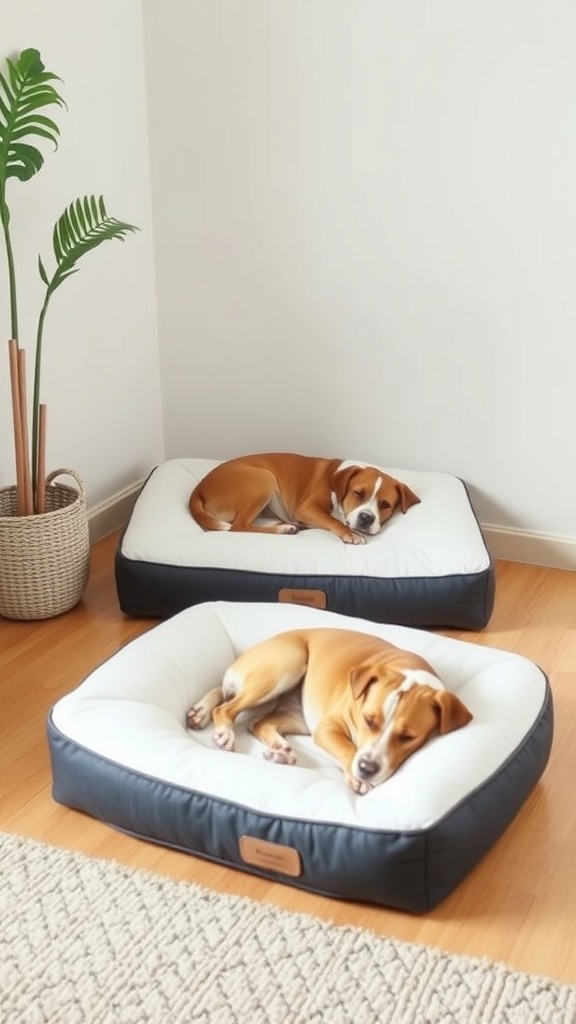 Two dogs resting on luxury memory foam beds in a cozy room.