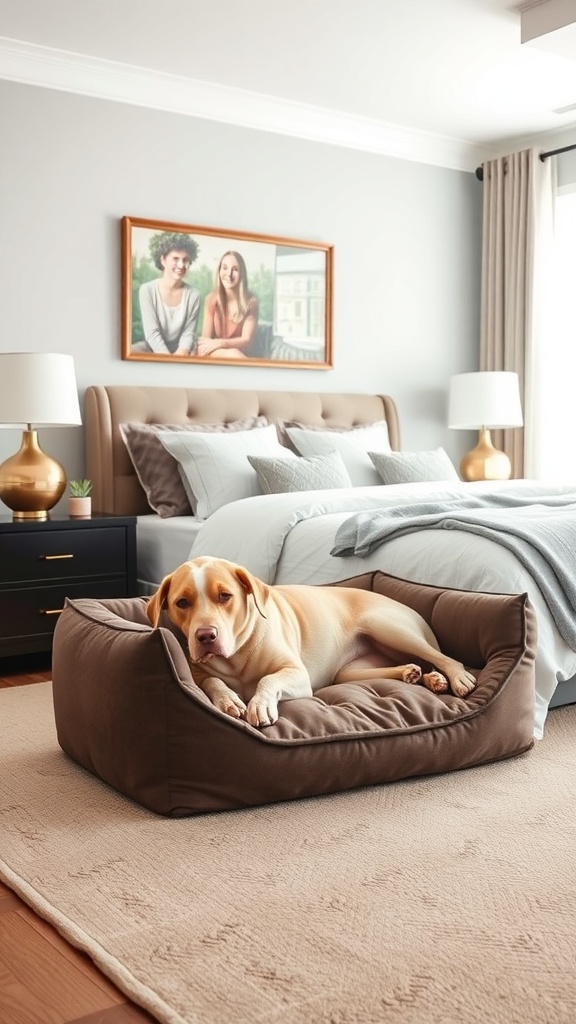 A senior dog relaxing in a luxury orthopedic bed in a stylish bedroom.