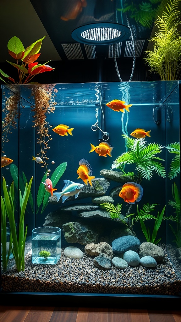 A luxurious aquarium filled with colorful fish, plants, and decorative rocks.