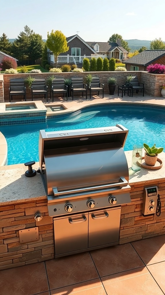 A luxury poolside grill setup with a stainless steel grill, surrounded by a pool and comfortable seating.