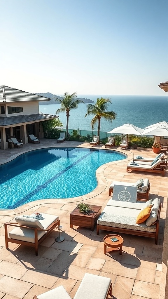 Luxuriöser Poolbereich mit Liegen und Sonnenschirmen, Blick auf das Meer